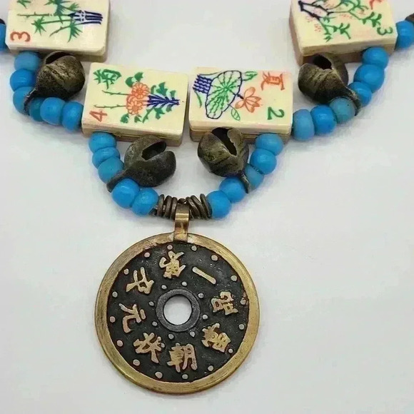 ASIAN NECKLACE TURQUOISE SQUARE  Bamboo Tile Copper Coin Bronze Bells Strung - Picture 1 of 11